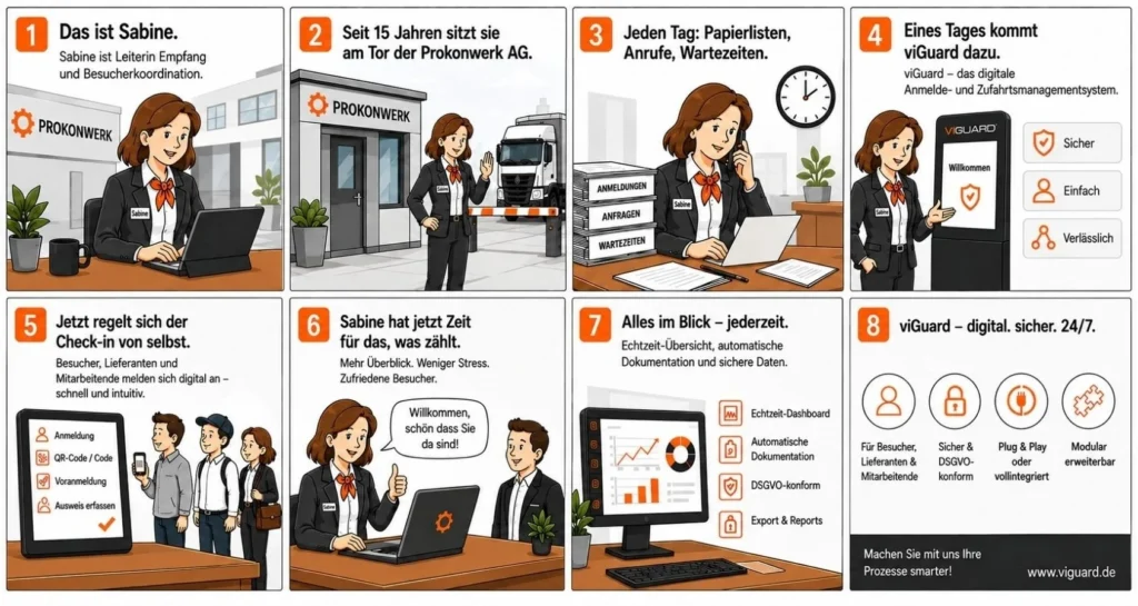 Comic-Bildstrecke in acht Panels: Empfangsmitarbeiterin Sabine digitalisiert mit viGuard den Besucher- und Anmeldeprozess