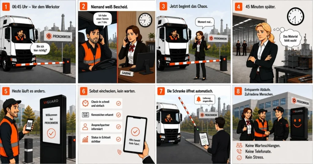Comic-Bildstrecke in acht Panels: LKW-Fahrer am Werkstor, vom Chaos ohne Anmeldung bis zum reibungslosen digitalen Check-in mit viGuard